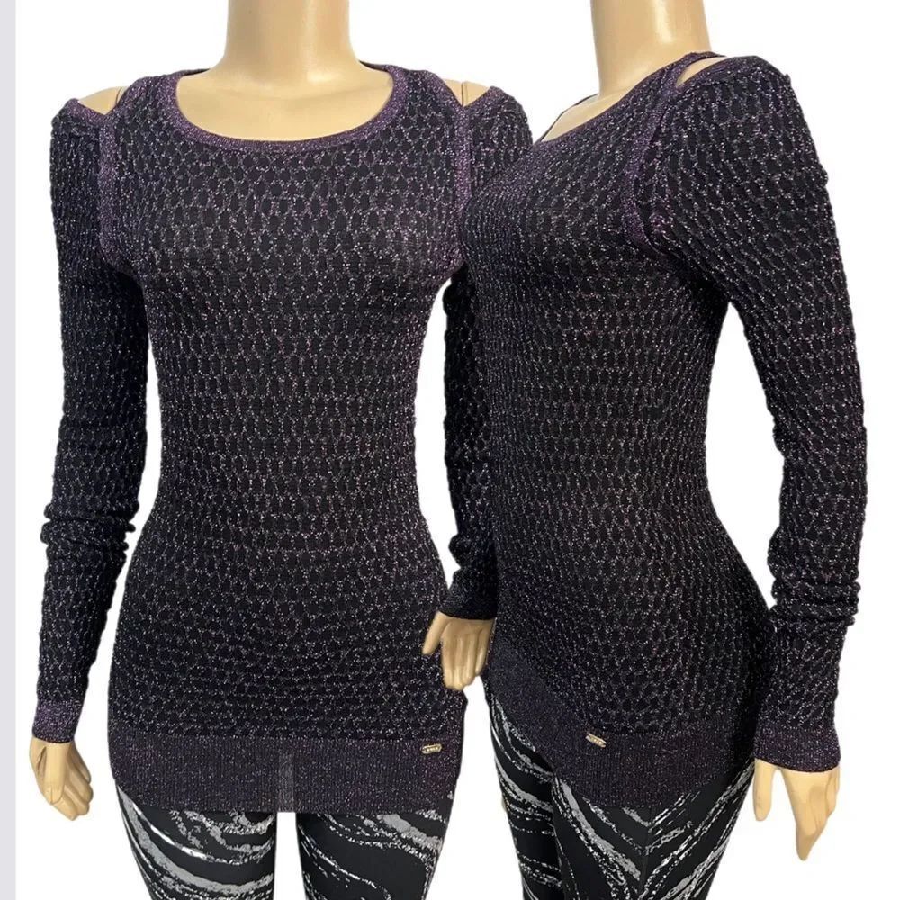 NWT Bebe Shoulder Cut out mesh stitch long sleeve Sweater 
metallic purple L